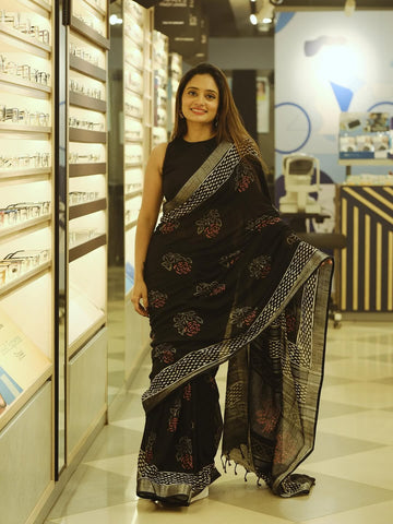 *Black &amp; Grey Lilan Cotton Saree with Bengaluri Silk Blouse Fabric and Fancy Latkan.*