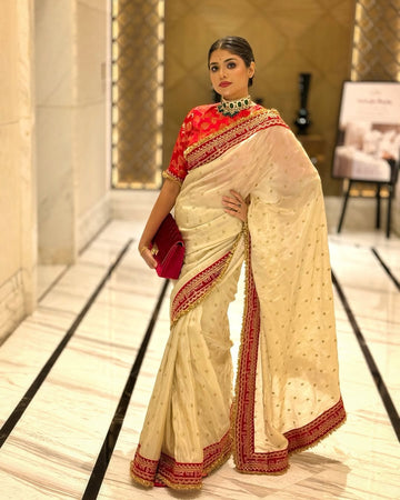 Chinon Silk Saree with Red Embroidery Border