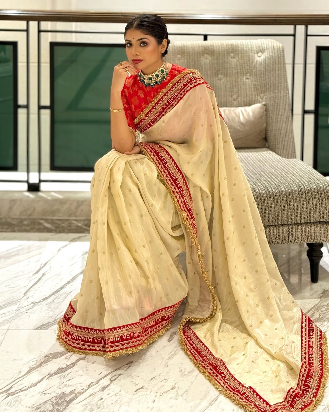 Chinon Silk Saree with Red Embroidery Border