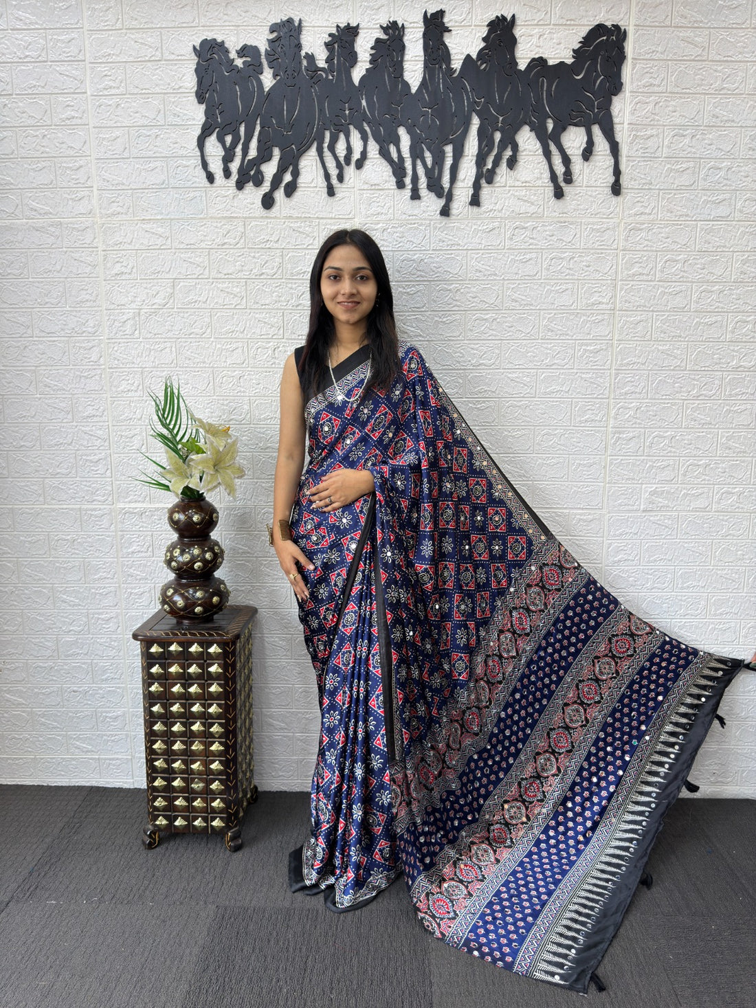 Navy Blue Ajrakh Print Saree with Tassel Pallu