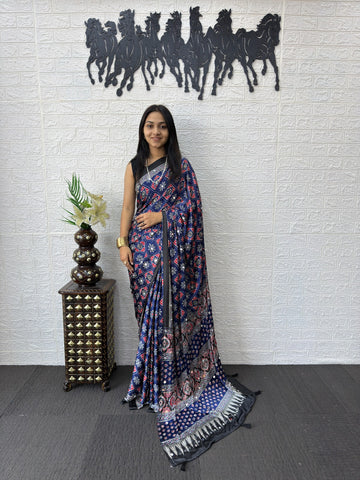 Navy Blue Ajrakh Print Saree with Tassel Pallu